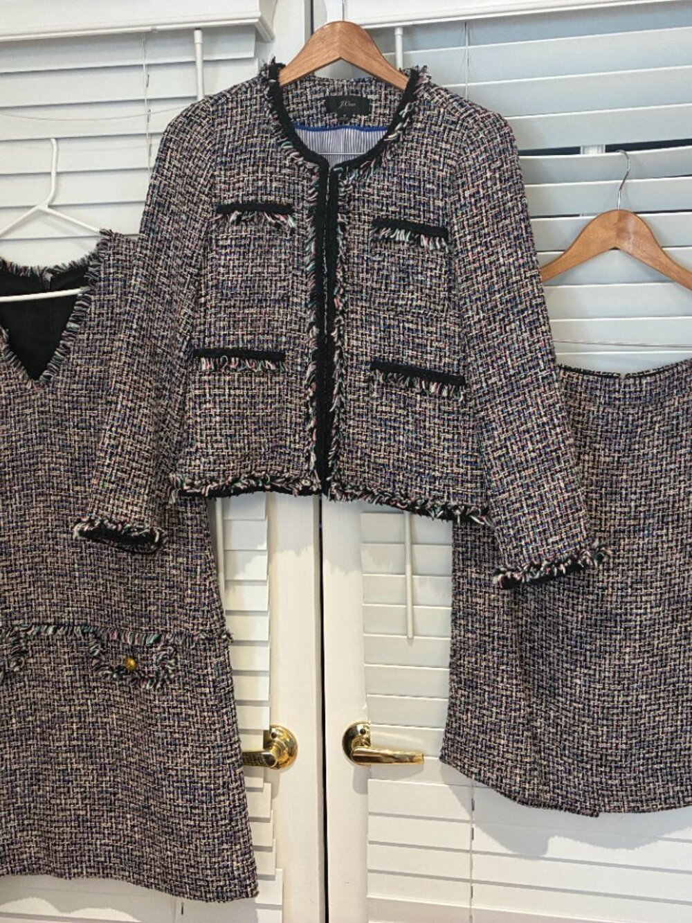 Tweed confetti suit set with jacket, dress and skirt